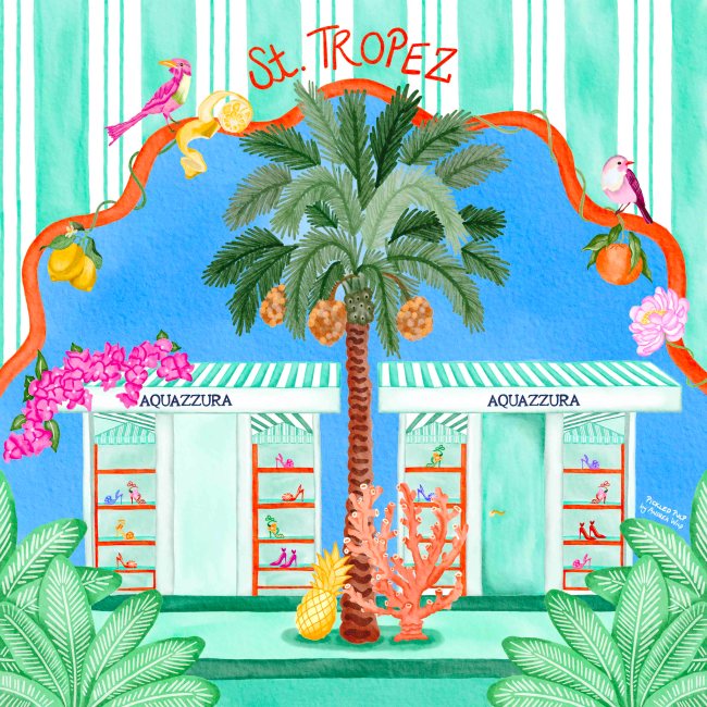 An illustration teasing the new Aquazzura store in Saint-Tropez.