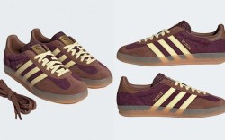 maroon and yellow striped suede sneakers