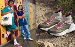 two models stand in front of colorful high school lockers; gray trail running shoes on gravel