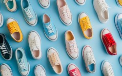 multi-colored sports shoes, sneakers and boots, lying on a light blue background