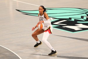 BROOKLYN, NY - OCTOBER 18: Las Vegas Aces forward A'ja Wilson (22) in action during game 4 of the 2023 WNBA Finals between Las Vegas Aces and New York Liberty on October 18, 2023, at Barclays Center in Brooklyn, NY. (Photo by M. Anthony Nesmith/Icon Sportswire via Getty Images)