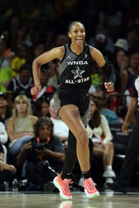 LAS VEGAS, NEVADA - JULY 15:  A'ja Wilson #22 of Team Wilson reacts during the 2023 WNBA All-Star game at Michelob ULTRA Arena on July 15, 2023 in Las Vegas, Nevada. (Photo by Jamie Squire/Getty Images)