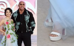 Auli'i Cravalho and Dwayne Johnson attend the "Moana 2" UK Premiere at Cineworld Leicester Square on November 24, 2024 in London, England; a close up of Auli'i Cravalho's shoes at the premiere.