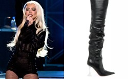 Christina Aguilera Sings at Kamala Harris Vegas Rally in Amina Muaddi Thigh Highs