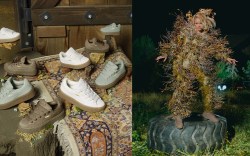 assortment of blue, green, and white sneakers in various sizes on top of a rug; Rihanna dressed in moss standing on top of a tire in brown sneakers