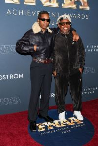 NEW YORK, NEW YORK - DECEMBER 04: (L-R) A$AP Rocky and Emory Jones attend the 38th Annual Footwear News Achievement Awards at Cipriani South Street on December 04, 2024 in New York City. (Photo by Dia Dipasupil/Getty Images)