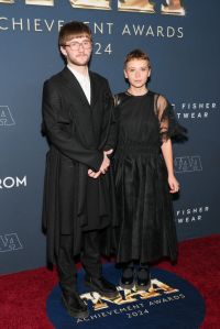 NEW YORK, NEW YORK - DECEMBER 04: Phileo Landowski (L) attends the 38th Annual Footwear News Achievement Awards at Cipriani South Street on December 04, 2024 in New York City. (Photo by Dia Dipasupil/Getty Images)