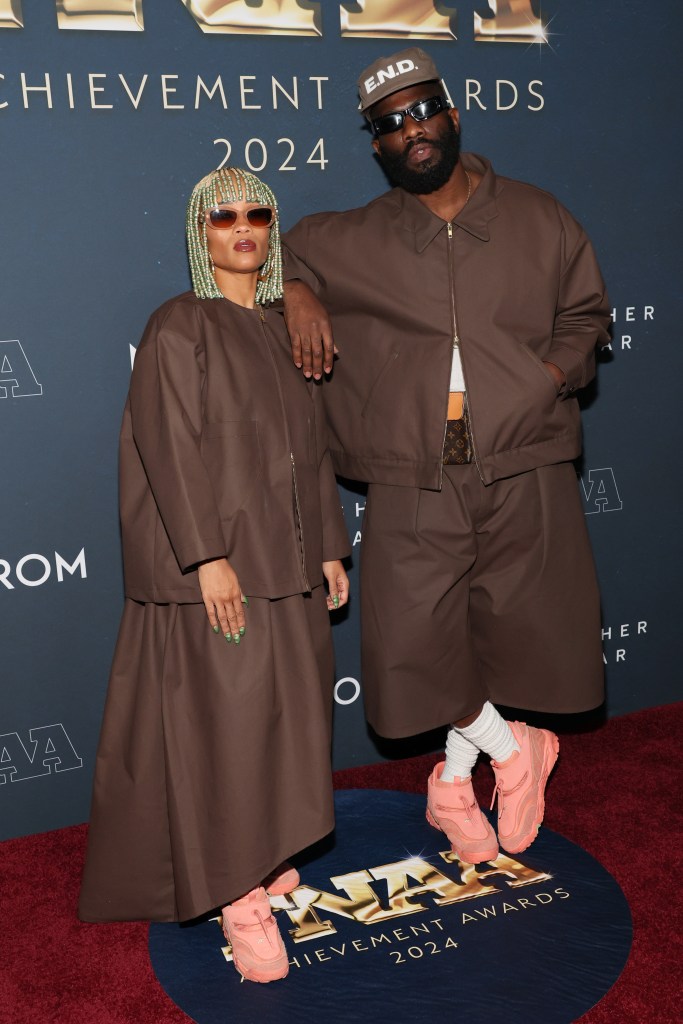 "Fat" Nwigwe, Tobe Nwigwe, Reebok, pink, matching, Footwear News Achievement Awards, red carpet