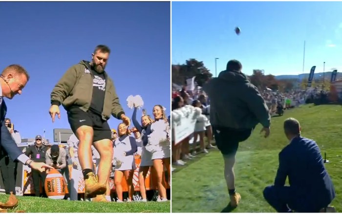 Jason Kelce attempts a field goal kick while wearing Timberland 6-inch boots