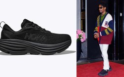 black sneaker on gray background; jon batiste leaving a hotel