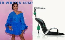 Jordan Chiles attends The Wrap's 2024 Power Women Summit in Los Angeles on Dec. 2, 2024, jordan chiles, bright blue dress, christian cowan dress, christian cowan spring 2025 dress, Atiimu muzzi sandals, Atiimu, ankle-strap sandals, silver metallic ankle strap sandals, mirrored leather sandals, silver sandals