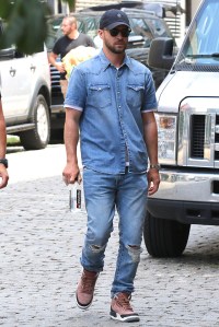 Justin Timberlake is seen wearing all denim carrying an 'Essentia' water bottle and sporting a bad injured finger while leaving a recording studio in Downtown Manhattan. 29 Jul 2019 Pictured: Justin Timberlake. Photo credit: LRNYC / MEGA TheMegaAgency.com +1 888 505 6342 (Mega Agency TagID: MEGA475332_009.jpg) [Photo via Mega Agency]
