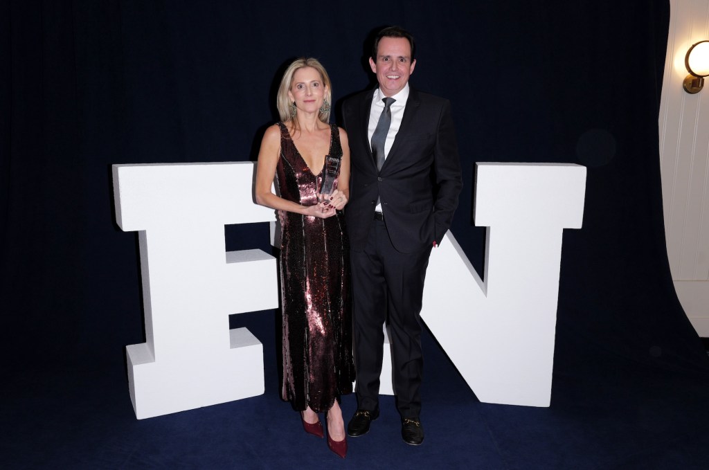 NEW YORK, NEW YORK - DECEMBER 04: (L-R) Marina Larroudé and Ricardo Larroudé attend Footwear News Achievement Awards (FNAAs) 2024 at Cipriani South Street on December 04, 2024 in New York City. (Photo by Craig Barritt/Footwear News via Getty Images)
