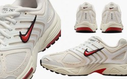 Nike Air Pegasus 2K5 shoes in white with deep red Swoosh details on a white background