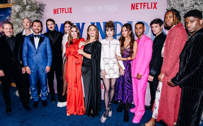 Darren Star, Bruno Gouery, William Abadie, Lucas Bravo, Kate Walsh, Camille Razat, Philippine Leroy-Beaulieu, Lily Collins, Ashley Park, Lucien Laviscount, Paul Forman, Jeremy O. Harris and Samuel Arnold at the special screening of season 3 of "Emily In Paris" held at The French Consulate General on December 15, 2022 in New York City.