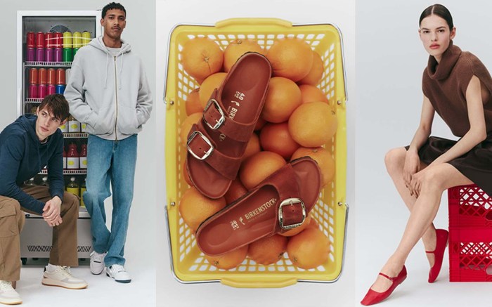 male models wearing sneakers; market basket full of oranges and birkenstock sandals; woman wearing red flats