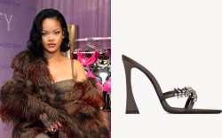 Rihanna, Saint Laurent, mules, satin, crystal, Savage x Fenty, lace