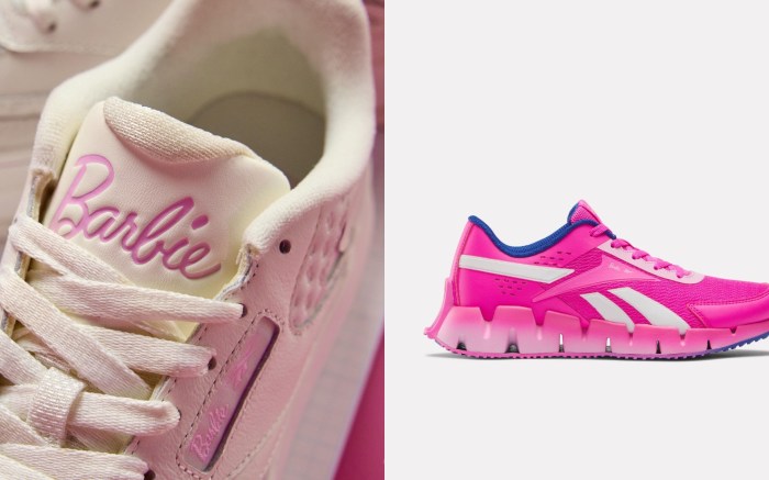 Two of the sneakers featured in the Reebok x Barbie collection.