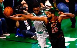 Boston Celtics guard Jaylen Brown (L) keeps the ball in bound and away from Cleveland Cavaliers center Tristan Thompson (R) during the first quarter at TD Garden in Boston, Massachusetts, USA 11 February 2018.Cleveland Cavaliers at Boston Celtics, USA - 11 Feb 2018