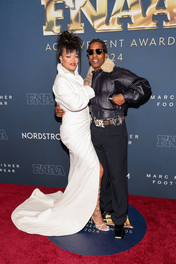 NEW YORK, NEW YORK - DECEMBER 04: (L-R) Rihanna and A$AP Rocky attend the 38th Annual Footwear News Achievement Awards at Cipriani South Street on December 04, 2024 in New York City. (Photo by Cindy Ord/WireImage)