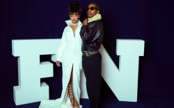 Rihanna and A$AP Rocky at the 2024 Footwear News Achievement Awards portrait studio held at Cipriani South Street on December 04, 2024 in New York, New York.