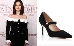 selena gomez, The Hollywood Reporter Women In Entertainment Gala, mary jane pumps, pointy black pumps, Self-Portrait Black Chenille Knit off Shoulder Midi Dress, manolo blahnik, manolo blahnik mary jane, manolo blahnik campari pearl mary jane pumps