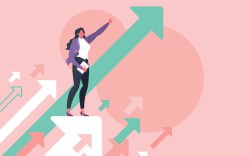 Leadership, leading to success or business vision concept. Businesswoman is pointing direction forward and standing on flying arrows in pink background