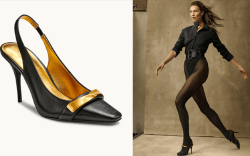 Donna Karan's new black pointed toe pumps with gold hardware; Karlie Kloss wears Donna Karan heels in the brand's re-launch campaign