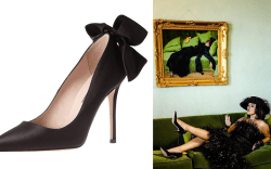 SJP by Sarah Jessica Parker Black Lucille bow pumps shoes on amazon; selena gomez on green couch laying in SJP by sarah jessica parker black bow pumps shoes